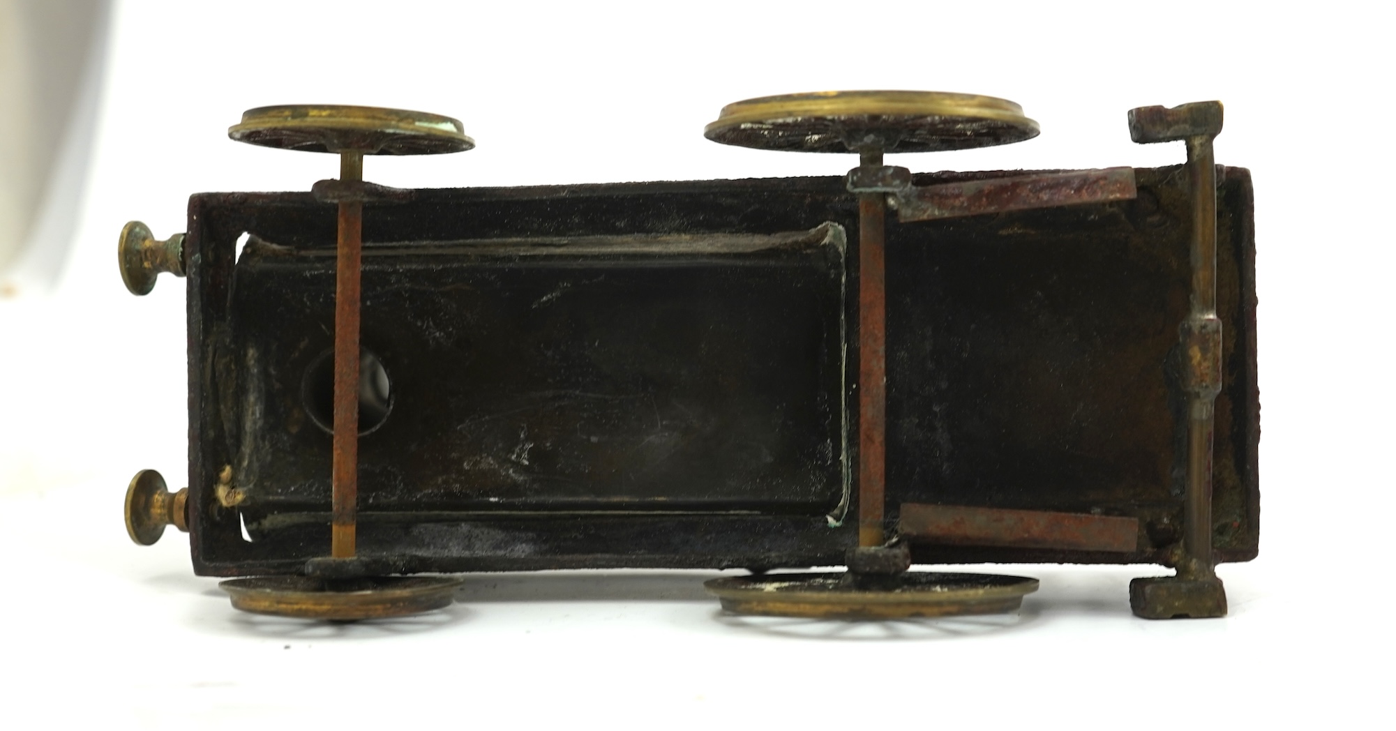 Three late 19th or early 20th century brass and copper live steam locomotives; a 2-2-4, ‘Monarch’, gauged to run on approximately 4 1/2 inch track, 33cm long frames, a 2-2-2, ‘Dragon’, gauged to run on approximately 3 1/